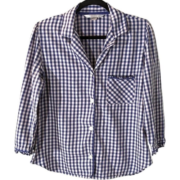 Victoria's Secret Blue Checkered Plaid 3/4 Sleeve 100% Cotton PJ Top Size Medium - Picture 1 of 7